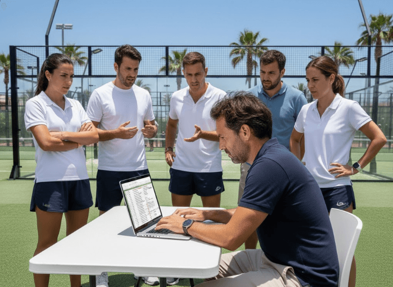 Organizador de club de padel con papeles y planillas, simbolizando el paso de Excel a una gestion moderna de torneos